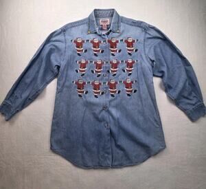 VTG Womens Denim Shirt Small Embroidered Santa Grandmacore Cambridge 90s